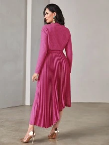 Modelyn Đầm Bất đối xứng Xếp li màu trơn Thanh lịch - Màu Hồng Tươi - Xem 2