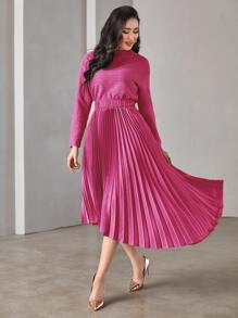 Modelyn Đầm Bất đối xứng Xếp li màu trơn Thanh lịch - Màu Hồng Tươi - Xem 4