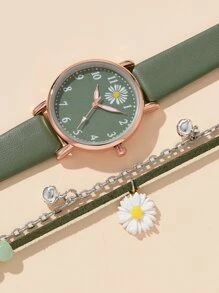 1pc Women Watch PU Leather Strap Small Daisy Dial Round Pointer Quartz Watch And 1pc Small Daisy Bracelet Watch Set