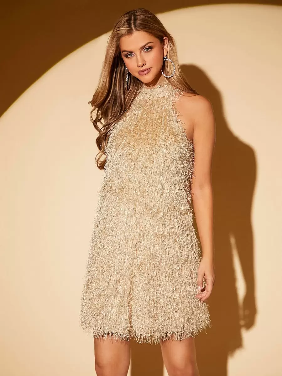 SHEIN BAE 後鎖孔毛茸茸掛脖連衣裙 - 杏色 - 查看 1