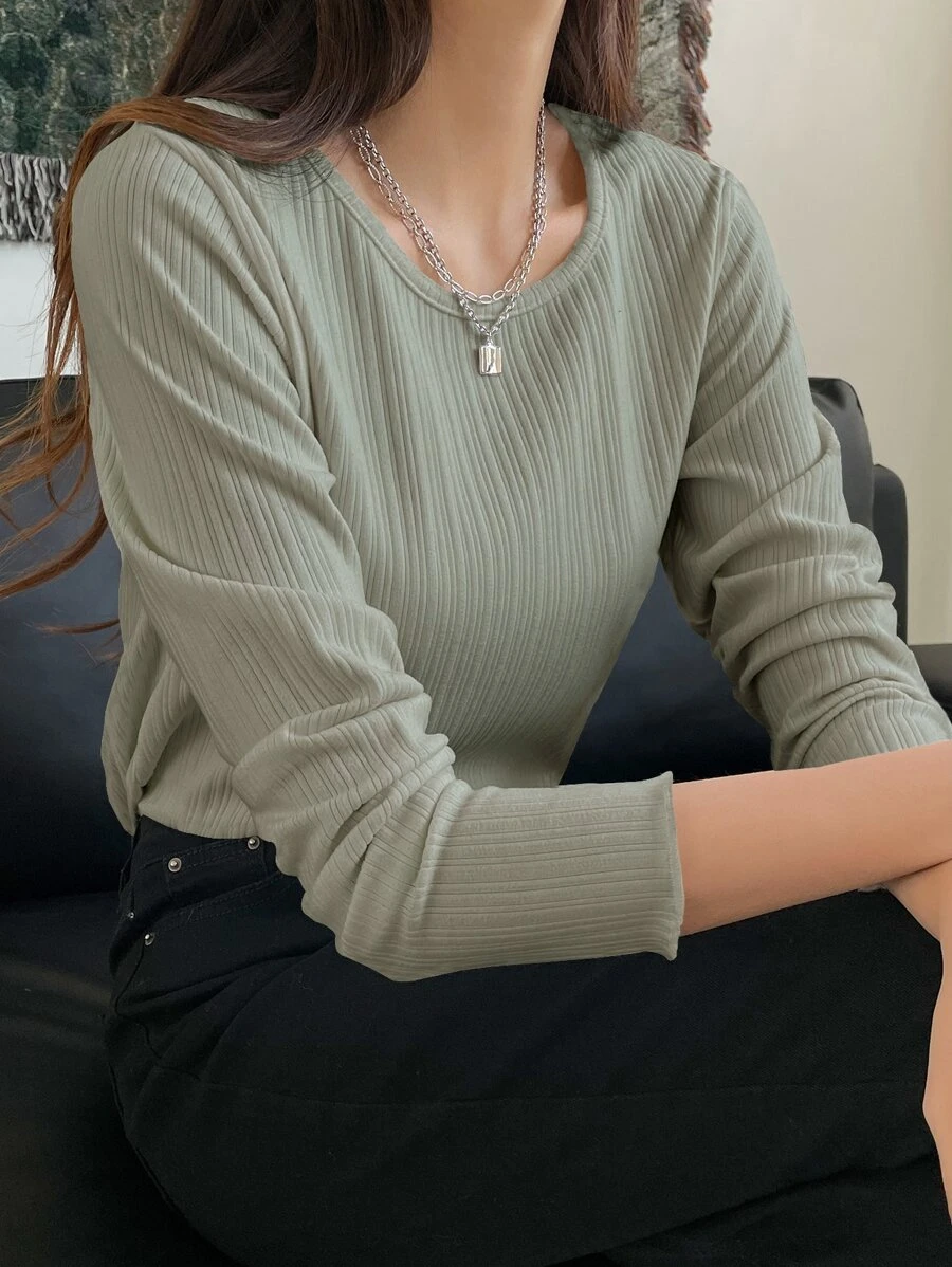 DAZY 罗纹针织生菜边 T 恤，秋季服装，返校服装长袖女式上衣 - 薄荷綠 - 查看 1