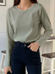 DAZY 罗纹针织生菜边 T 恤，秋季服装，返校服装长袖女式上衣 - 薄荷綠 - 查看 4