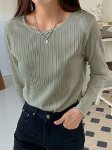 DAZY 罗纹针织生菜边 T 恤，秋季服装，返校服装长袖女式上衣 - 薄荷綠 - 查看 5