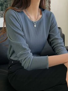 DAZY Ribbed Knit Lettuce Trim Tee,Fall Clothes Long Sleeve Women Tops