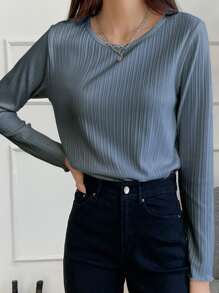 DAZY Ribbed Knit Lettuce Trim Tee,Fall Clothes Long Sleeve Women Tops