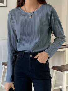DAZY Ribbed Knit Lettuce Trim Tee,Fall Clothes Long Sleeve Women Tops
