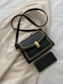 Embroidered Detail Square Bag Metal Decor Crossbody Bag - Black - View 4