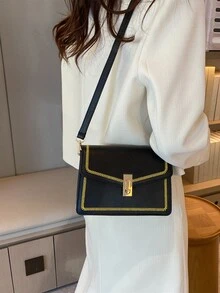 Embroidered Detail Square Bag Metal Decor Crossbody Bag - Black - View 6