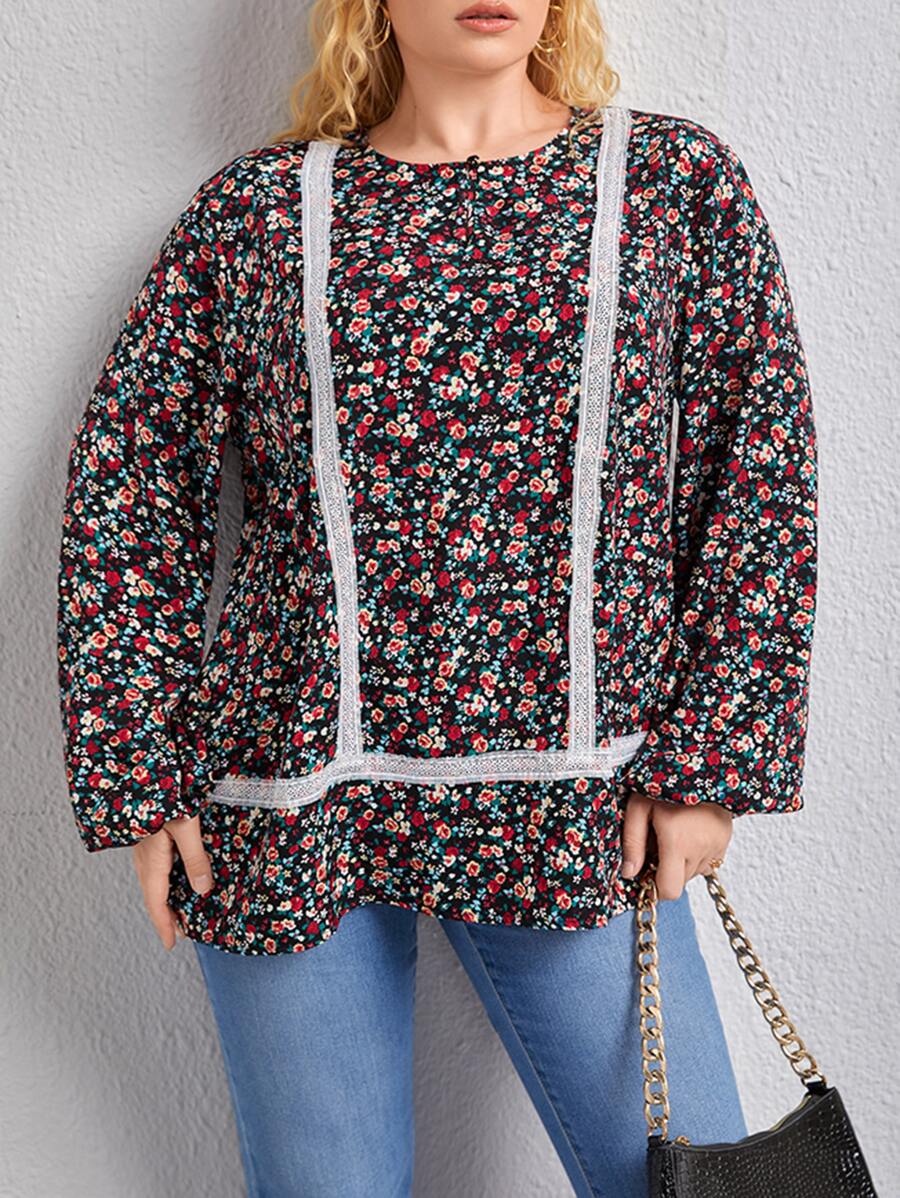 SHEIN LUNE 大碼碎花水溶蕾絲拼接襯衫 - 彩色 - 查看 1