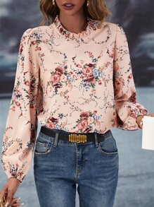 SHEIN Clasi Áo cánh tay giám mục cổ bèo nhún in hoa Áo cánh hoa - Bụi hồng - Xem 4