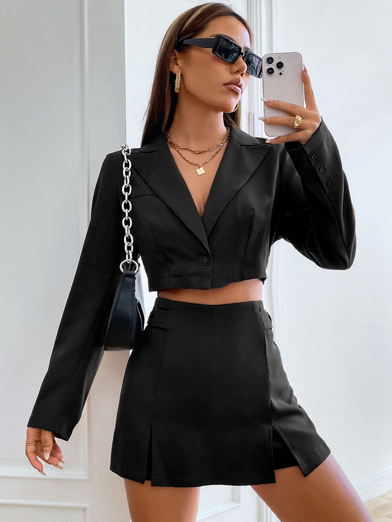SHEIN MOOSTA Single Button Crop Blazer & Split Hem Skort Fall Cloth For Women - Black - View 1