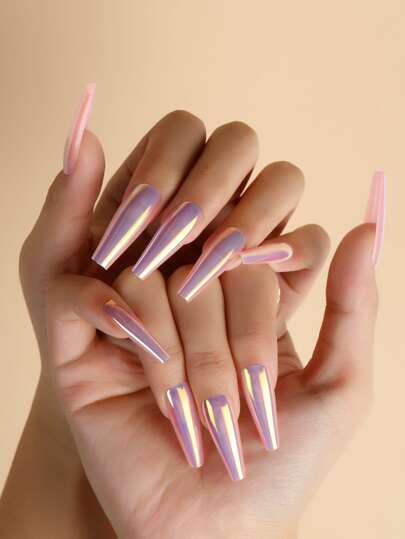 Upgrade Your Look With 24pcs Long Coffin Pink Pearl Aurora Mermaid Plating Fake Nail & 1sheet Tape & 1pc Nail File For Women And Girls