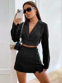SHEIN MOOSTA Single Button Crop Blazer & Split Hem Skort Fall Cloth For Women - Black - View 5