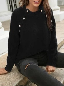 SHEIN Frenchy Jersey con diseño de botón de manga raglán - Negro - Ver 4