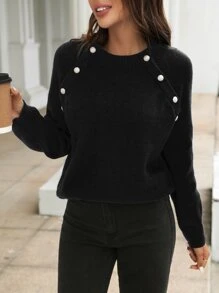 SHEIN Frenchy Jersey con diseño de botón de manga raglán - Negro - Ver 6