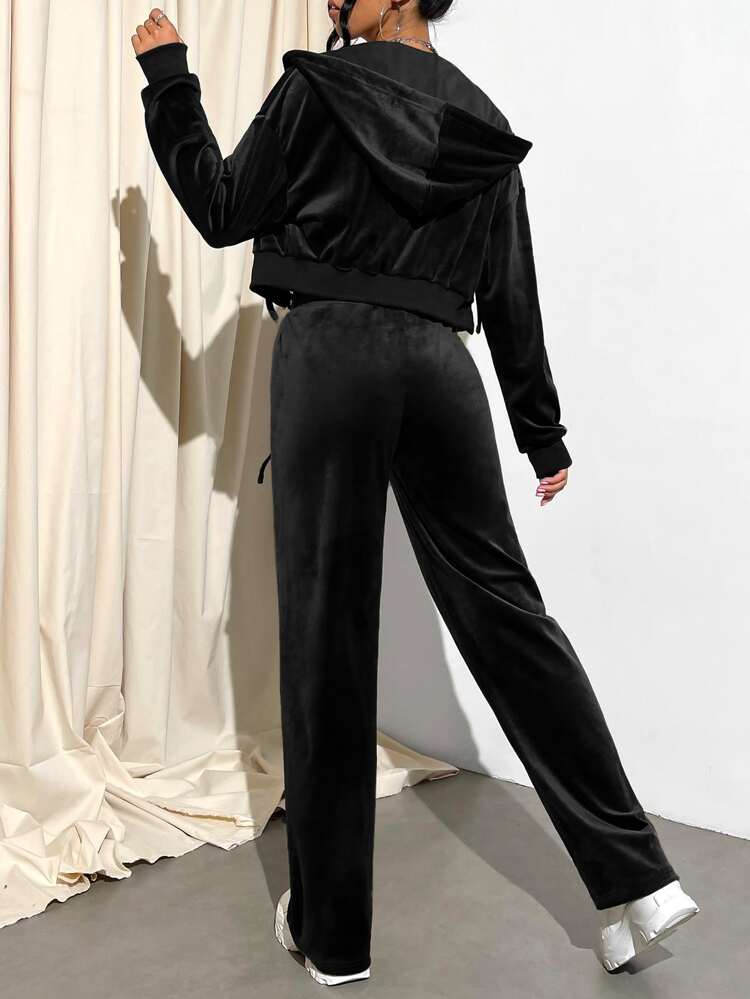 Drop Shoulder Drawstring Hooded Velvet Sweatshirt & Sweatpants
