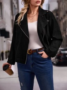 SHEIN LUNE Plus Zip Up Biker Jacket - Black - View 5