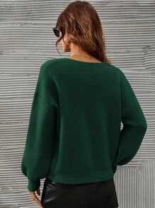 SHEIN Frenchy V-neck Drop Shoulder Jumper - Dark Green - View 2