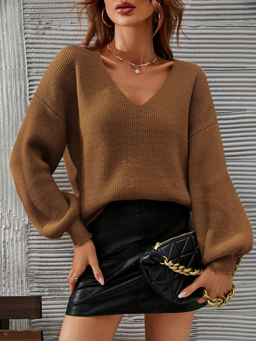 SHEIN Frenchy V-neck Drop Shoulder Jumper - Brown - View 1
