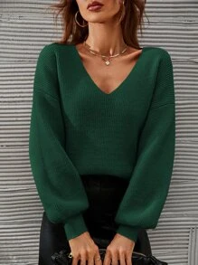 SHEIN Frenchy V-neck Drop Shoulder Jumper - Dark Green - View 4