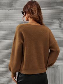 SHEIN Frenchy V-neck Drop Shoulder Jumper - Brown - View 2