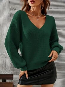 SHEIN Frenchy V-neck Drop Shoulder Jumper - Dark Green - View 5