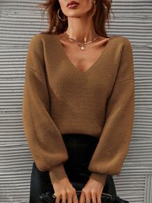 SHEIN Frenchy V-neck Drop Shoulder Jumper - Brown - View 4