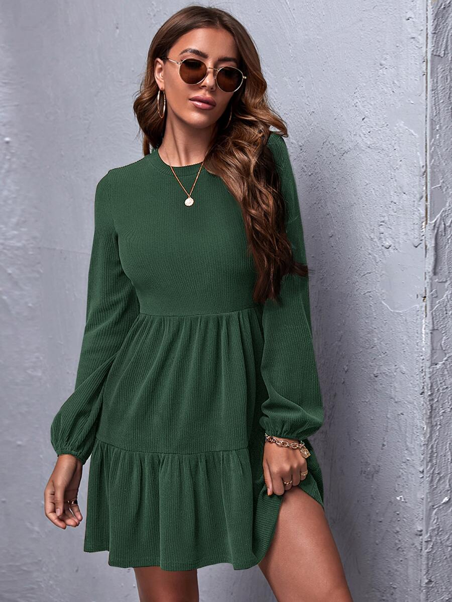 SHEIN Clasi Vestido tejido de canalé bajo con fruncido - Verde Oscuro - Ver 1