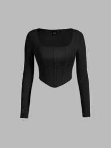 SHEIN MOD Scoop Neck Seam Front Black Tee - Black - View 1