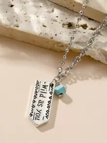 Letter Detail Geometric & Turquoise Charm Necklace - Antique Silver - View 1