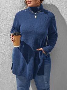 Calvaya 大碼高領下擺開叉套頭毛衣 - 藏蓝色 - 查看 4