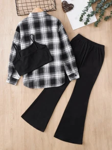 SHEIN Leap Crew 青少女格子印花襯衫&背心上衣&喇叭褲