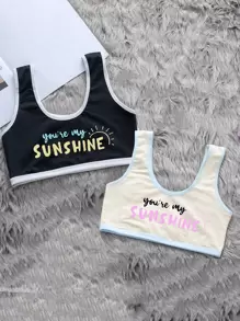 Girls 2pcs Slogan Graphic Contrast Binding Bralet - Multicolor - View 1