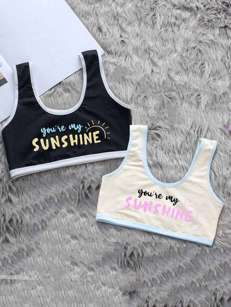 Girls 2pcs Slogan Graphic Contrast Binding Bralet - Multicolor - View 1