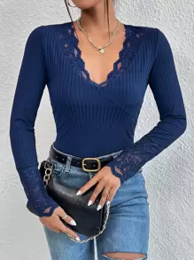 SHEIN LUNE Elegant Eenkleurig T-shirt Geplisseerde Contrast kant