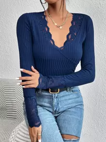 SHEIN LUNE Elegant Eenkleurig T-shirt Geplisseerde Contrast kant