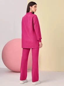 Mulvari Conjunto pantalones con top de hombros caídos con diseño de parche - Rosa Fucsia - Ver 2