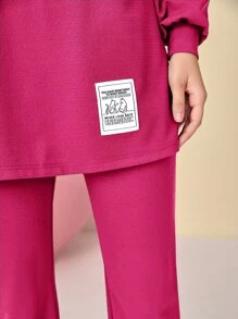 Mulvari Conjunto pantalones con top de hombros caídos con diseño de parche - Rosa Fucsia - Ver 3