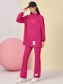 Mulvari Conjunto pantalones con top de hombros caídos con diseño de parche - Rosa Fucsia - Ver 5