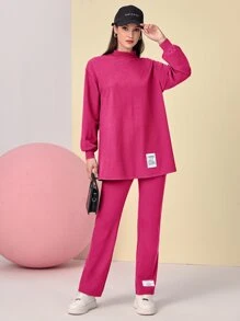 Mulvari Conjunto pantalones con top de hombros caídos con diseño de parche - Rosa Fucsia - Ver 6