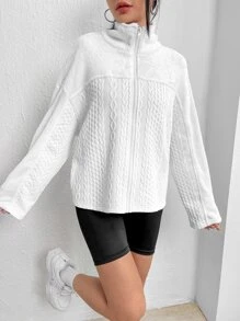 SHEIN EZwear Drop Shoulder Zip Up Jacket - White - View 4