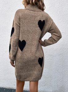 SHEIN LUNE Heart Pattern Turtleneck Drop Shoulder Jumper Dress Without Belt - Mocha Brown - View 2