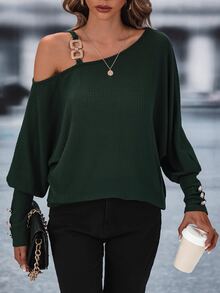 SHEIN LUNE Chain Detail Asymmetrical Neck Batwing Sleeve Sweatshirt - Dark Green - View 3