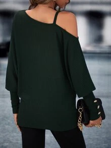 SHEIN LUNE Chain Detail Asymmetrical Neck Batwing Sleeve Sweatshirt - Dark Green - View 2