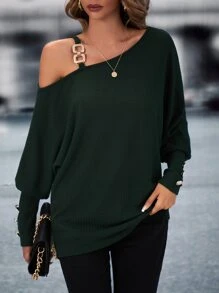 SHEIN LUNE Chain Detail Asymmetrical Neck Batwing Sleeve Sweatshirt - Dark Green - View 1