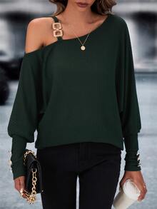 SHEIN LUNE Chain Detail Asymmetrical Neck Batwing Sleeve Sweatshirt - Dark Green - View 4