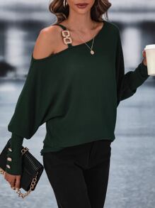 SHEIN LUNE Chain Detail Asymmetrical Neck Batwing Sleeve Sweatshirt - Dark Green - View 5
