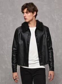 Manfinity Men Fuzzy Collar PU Leather Jacket - Black - View 1