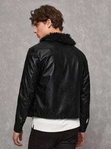 Manfinity Men Fuzzy Collar PU Leather Jacket - Black - View 2