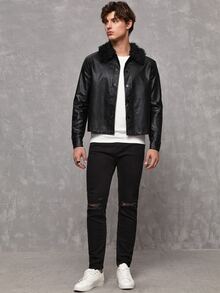 Manfinity Men Fuzzy Collar PU Leather Jacket - Black - View 5